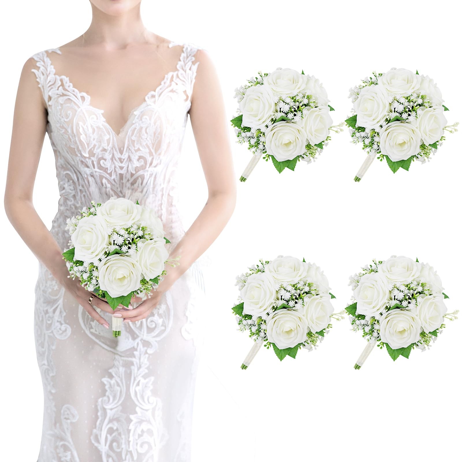 Bridesmaid Bouquet Set of 4 7 Inch Ivory White Handmade Silk Rose Artificial