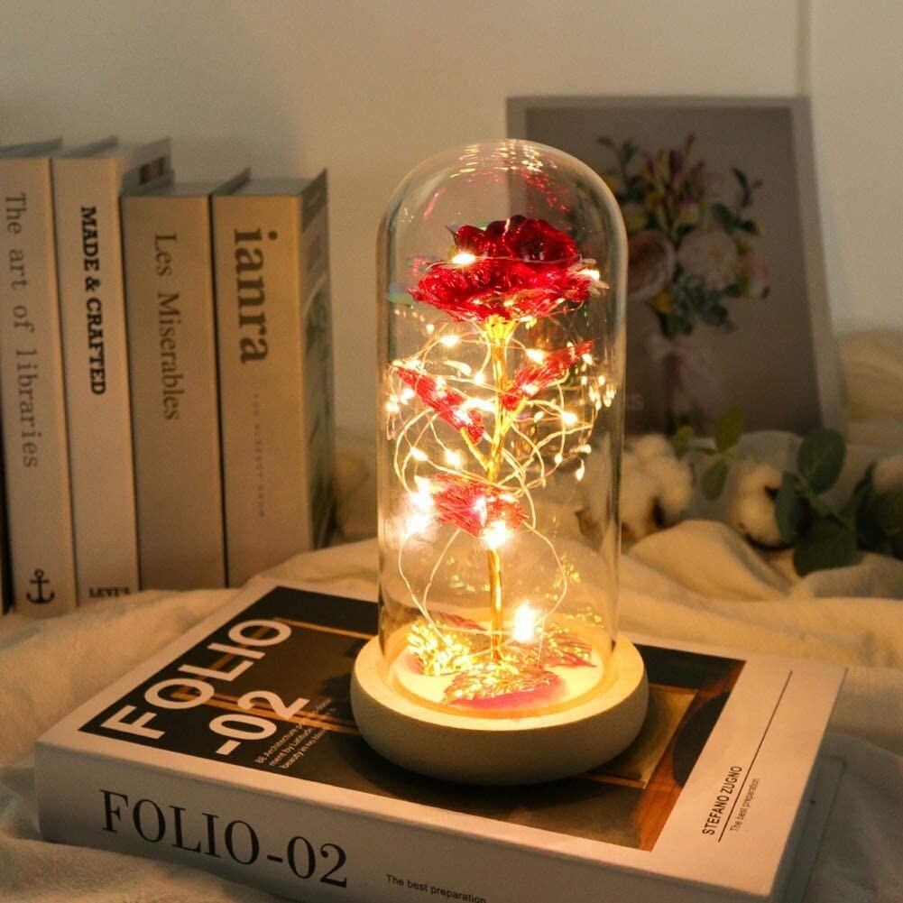 LED Galaxy Rose Flower in Glass Dome Valentine’s Day Girlfriend Gifts