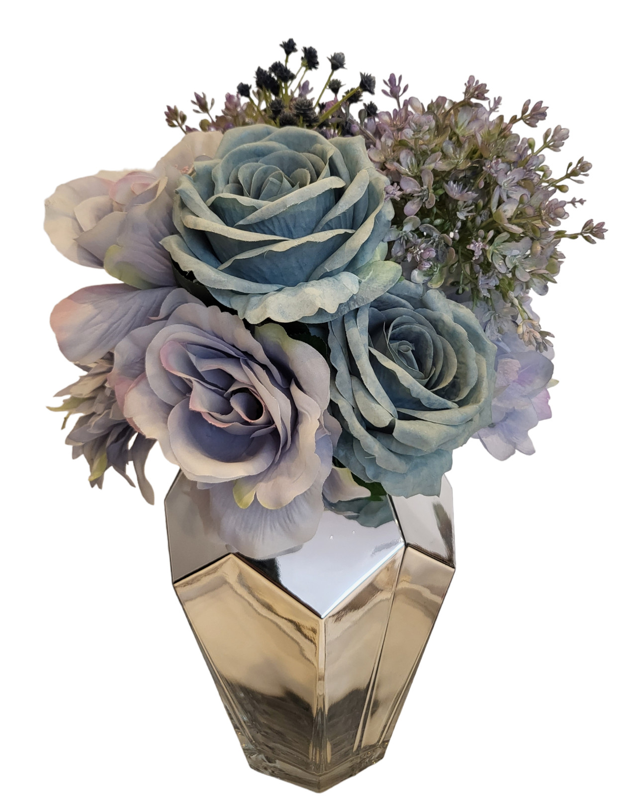 A real touch Faux Flower Arrangement in a geometric silver Glass Vase