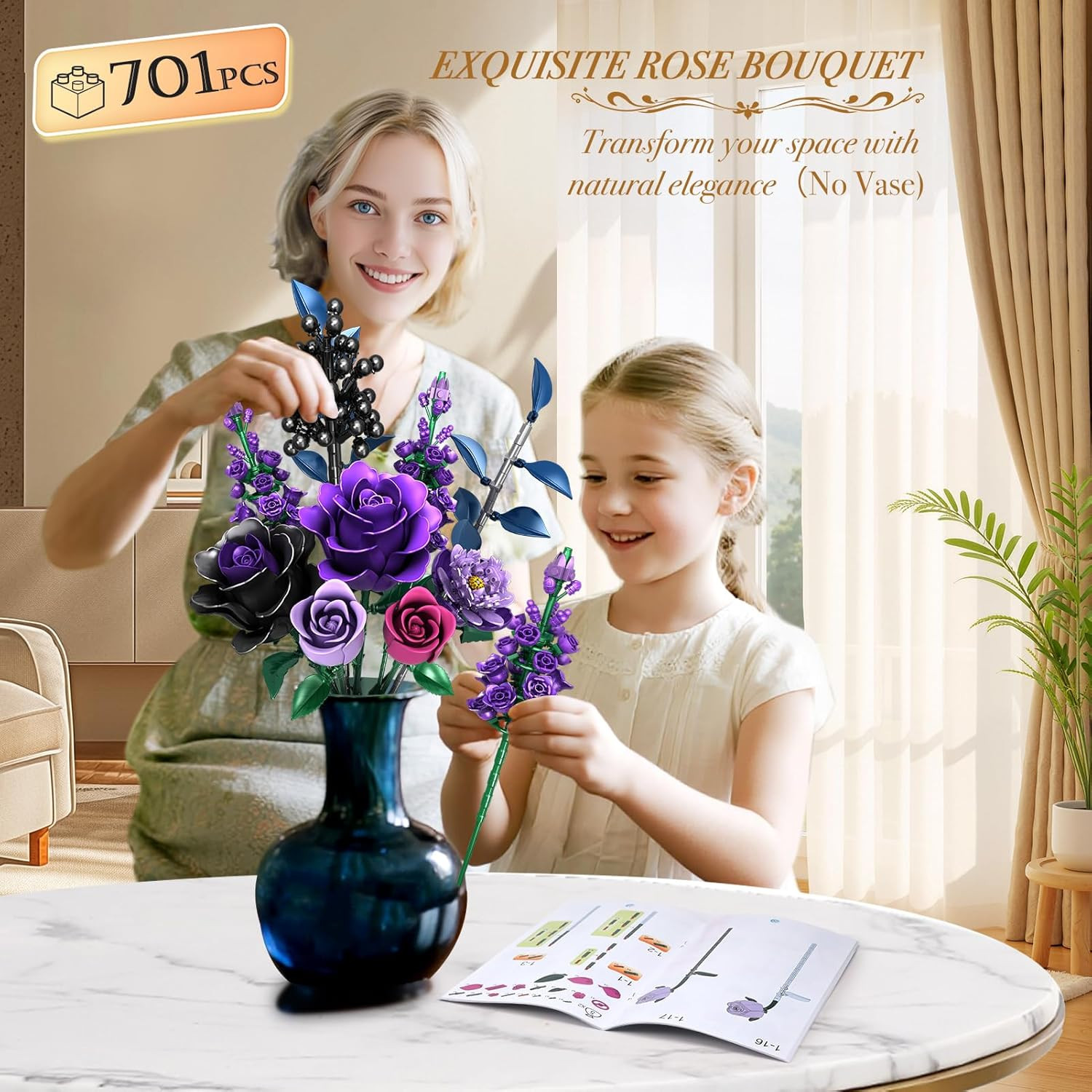 Flowers Bouquet Building Set, Rose Flower Botanical Collection Building Kit Toys