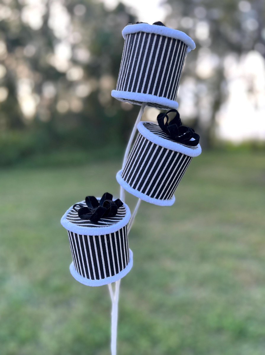 Black and White Striped Round Present Packages Spray Stem Christmas Pick