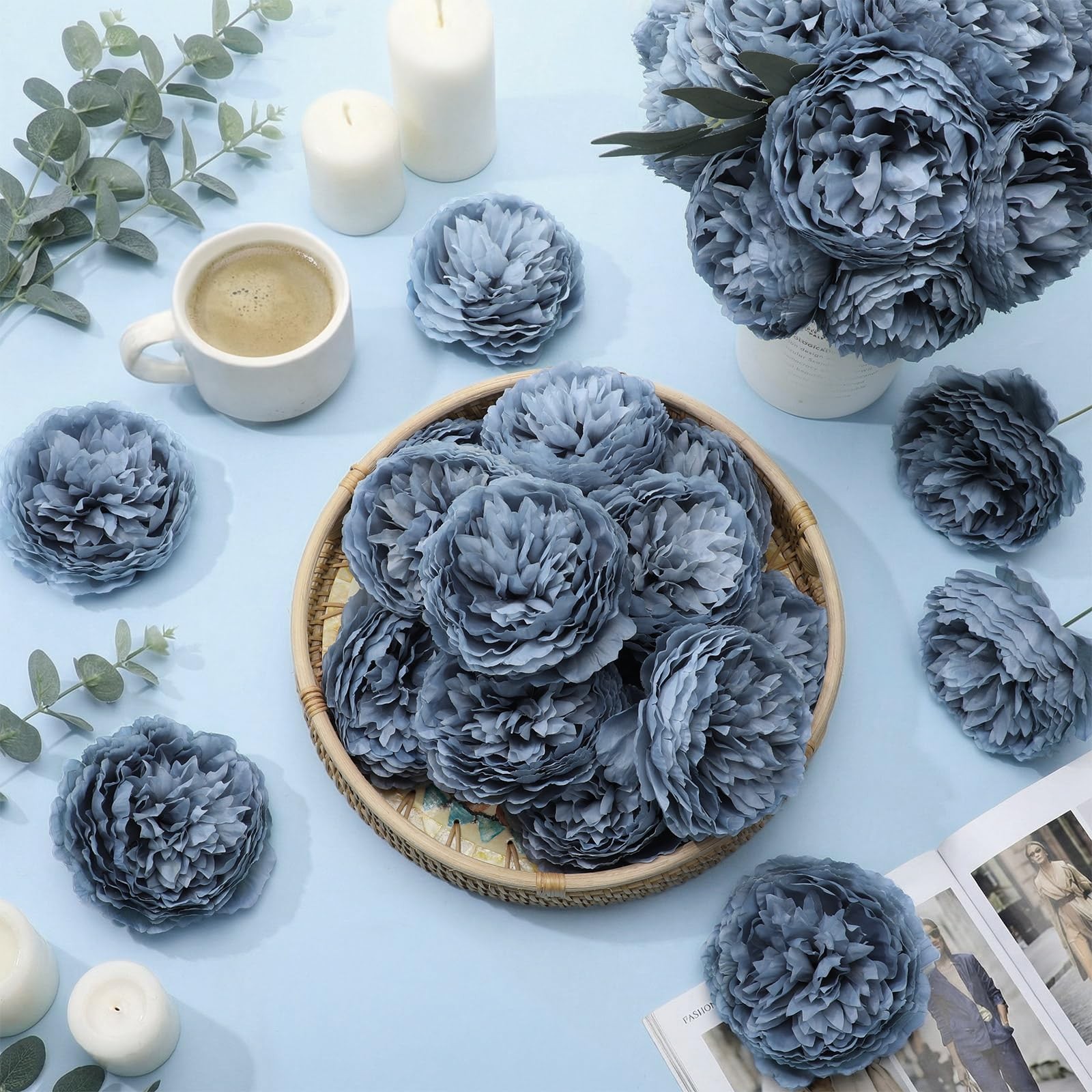 50 PCS 4.7 Inch Artificial Silk Peony Rose Flower Heads Wedding Dusty Blue
