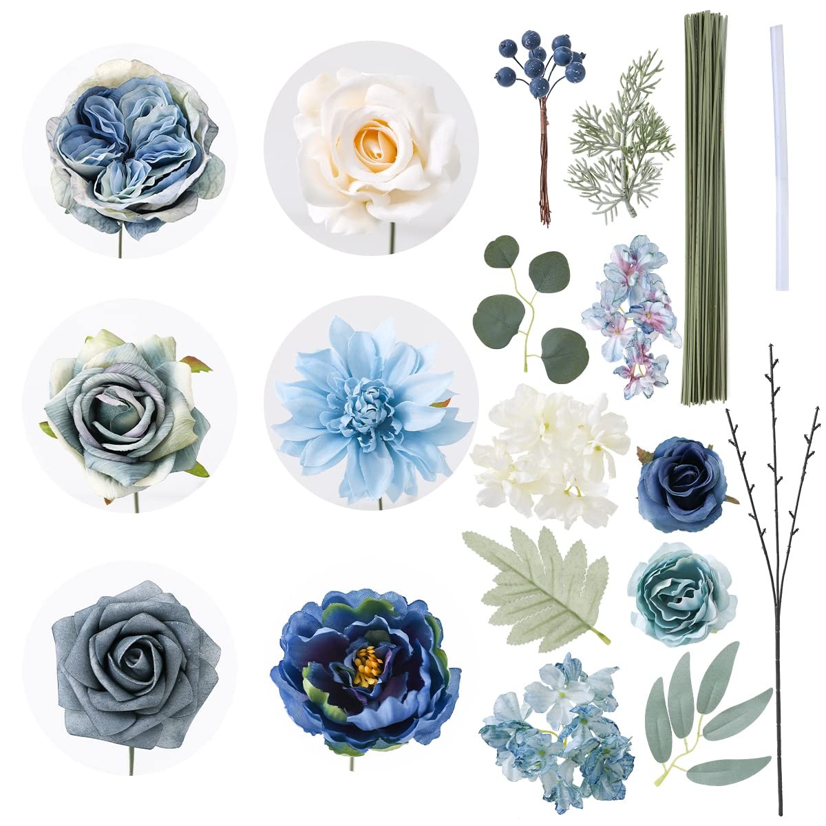 Artificial Flowers Dusty Blue Wedding DIY Bouquet Combo Set Silk Roses