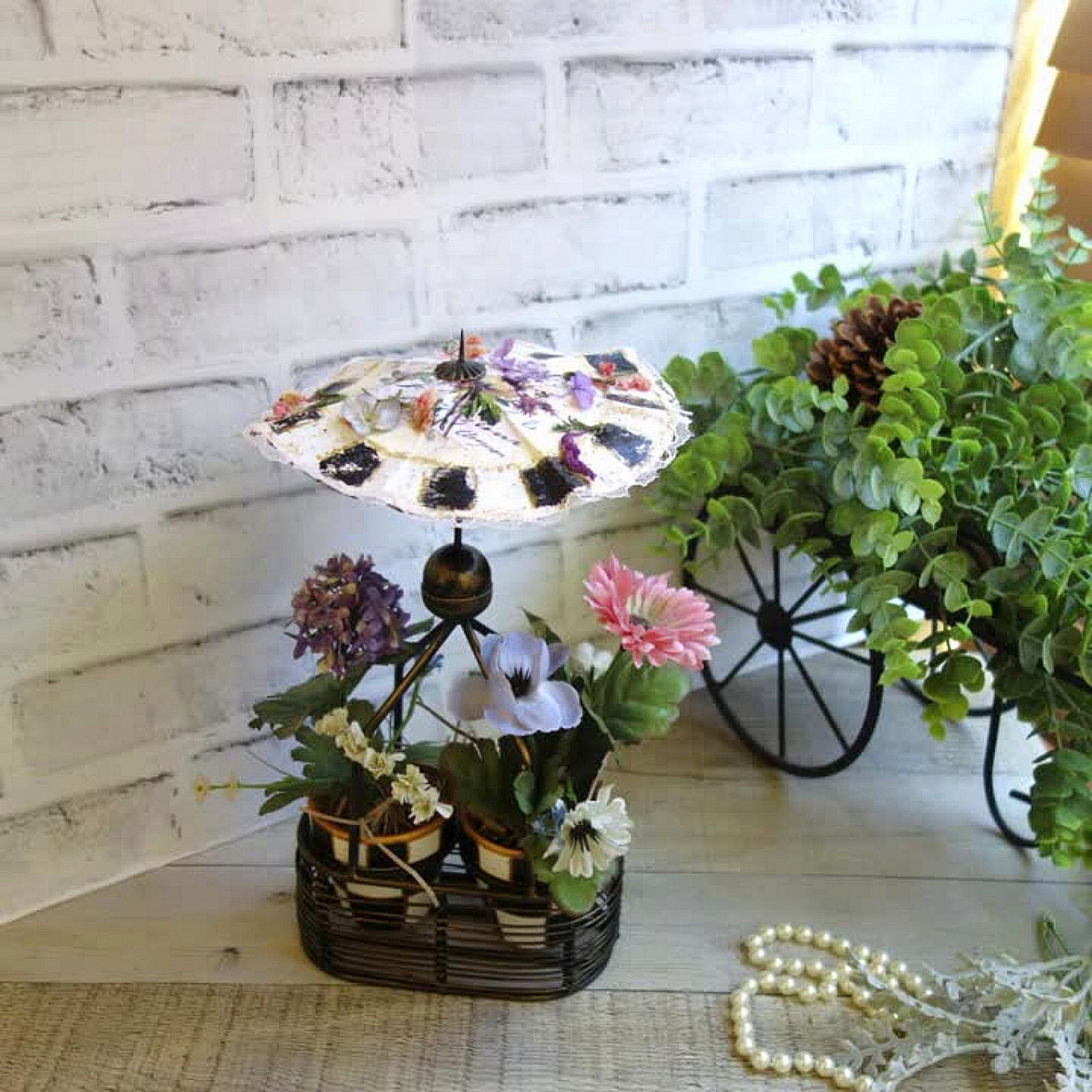 Black White Checked Flower Pot Floral Arrangement French Country Decor