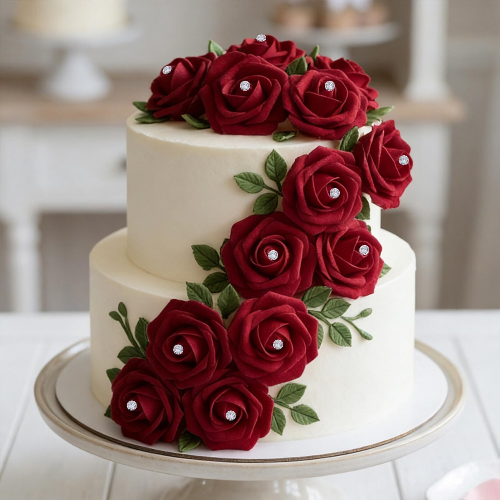 100Pcs Real Looking Burgundy with Diamonds Artificial Rose Flower Heads, Foam…