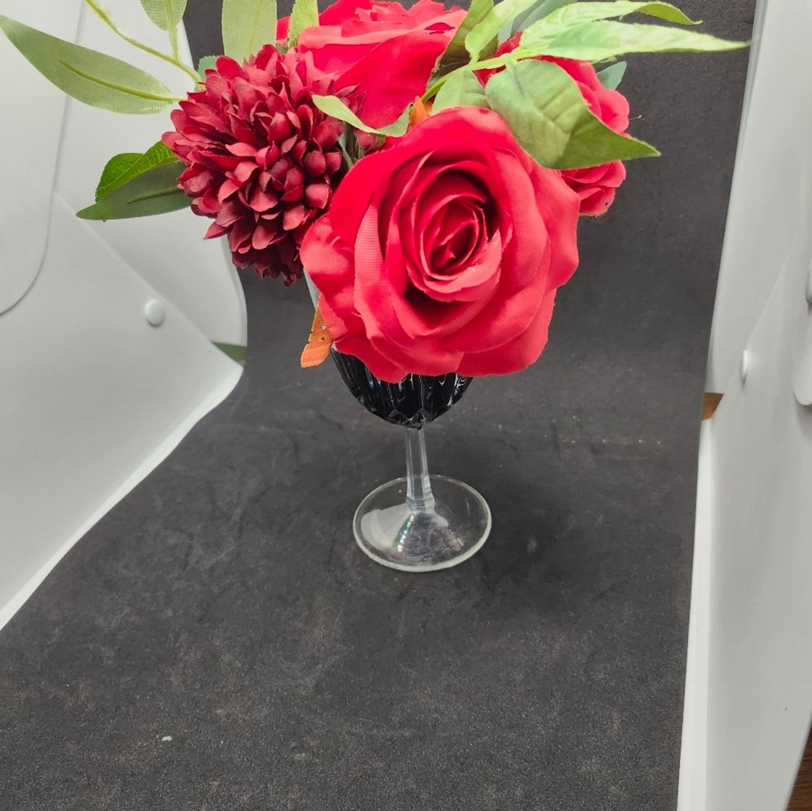 Hand Crafted Floral Table Centerpiece Summer Red Roses Flower Wine Glass