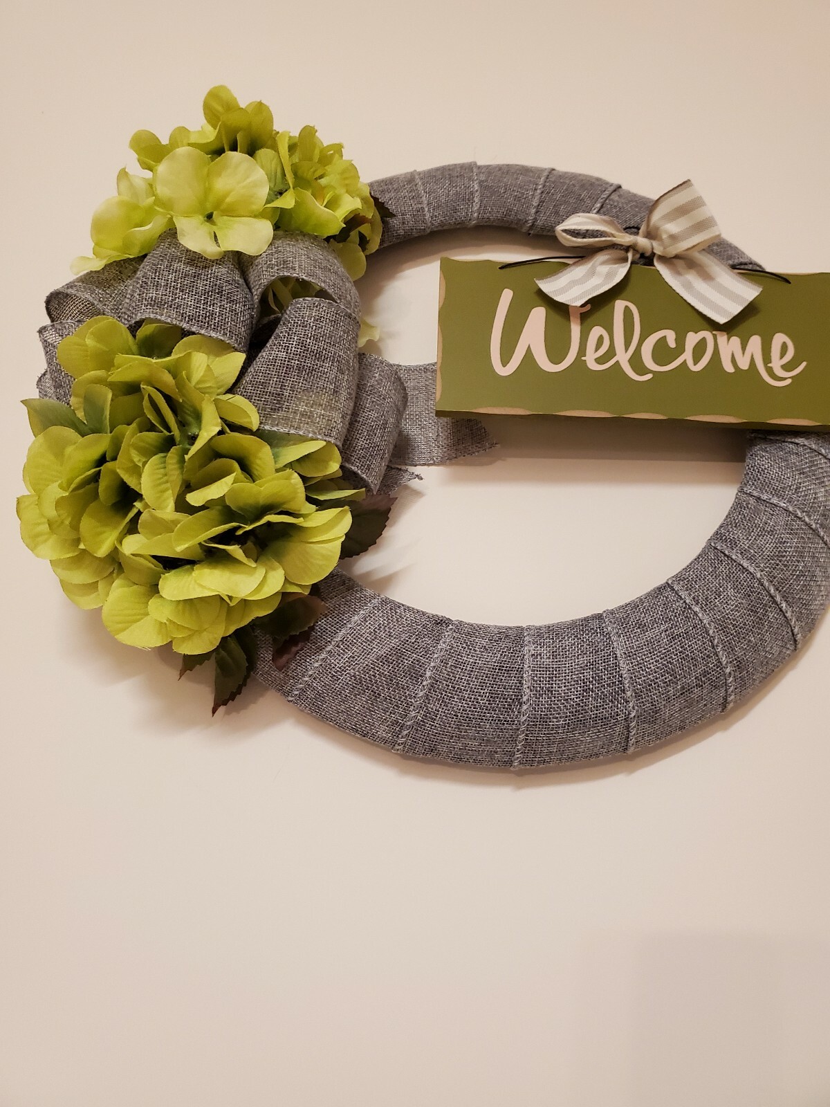 WELCOME green FLOWER Hydrangeas burlap WREATH FALL autumn Decor Front Door 15″