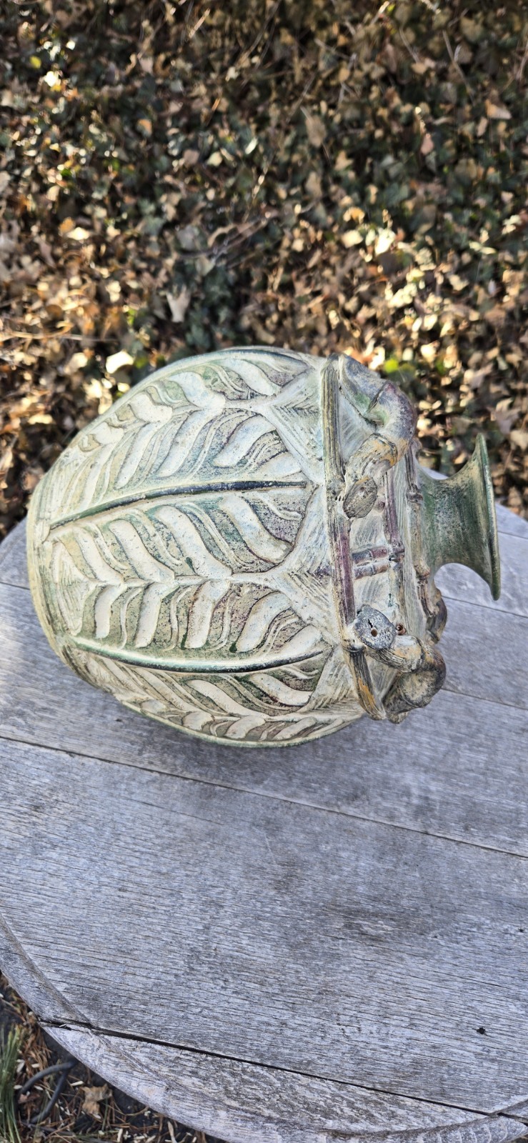 Rustic Urn Vase Earthenware Pottery Botanical Leaf Handles 12″T Brownish Green