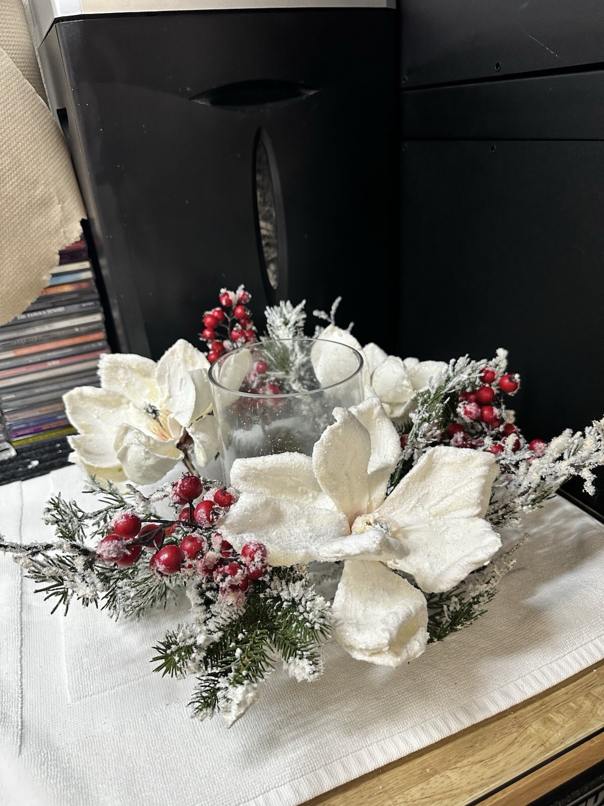 Frosted Magnolia & Red Berry Artificial Arrangement Candelabrum