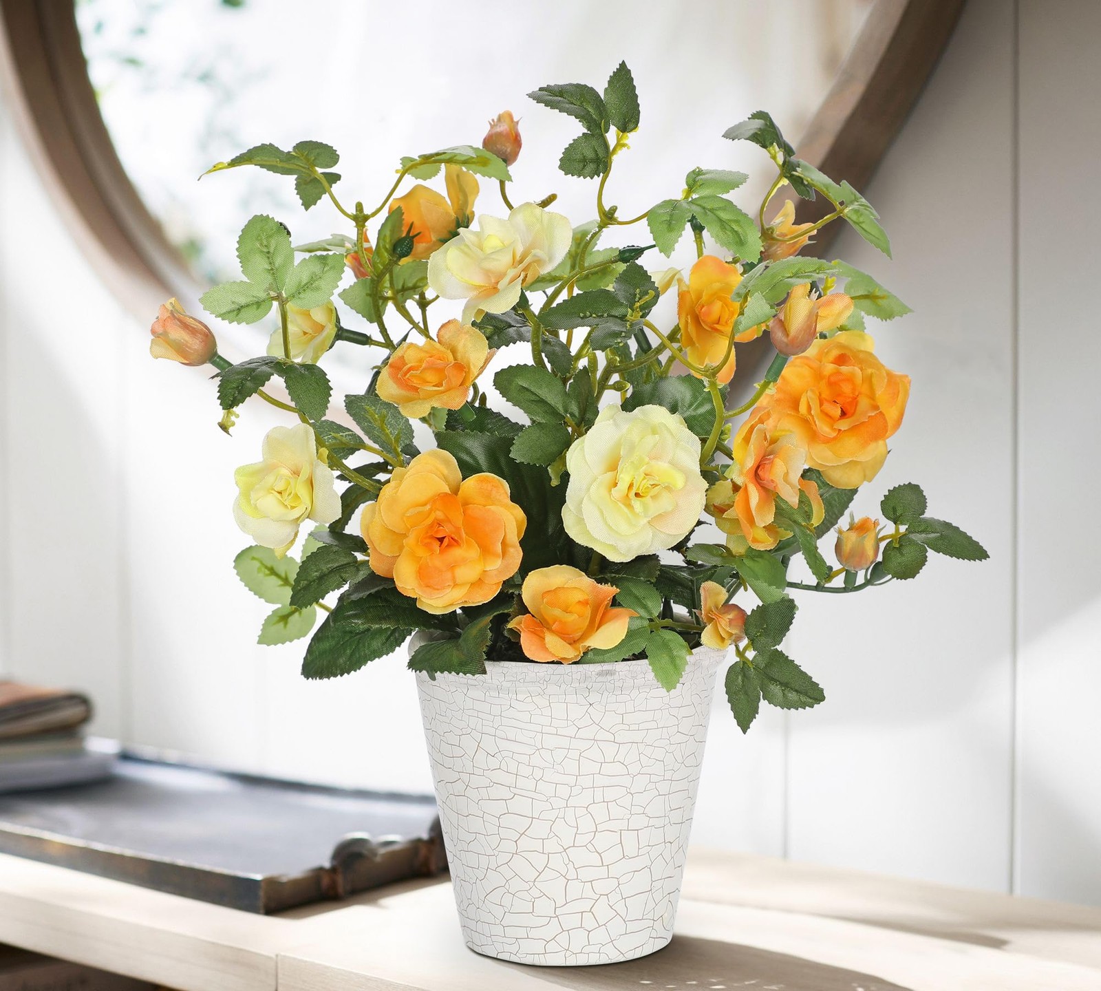 Yellow Camellia Roses Artificial Flowers in Vase Small Potted Faux Plant