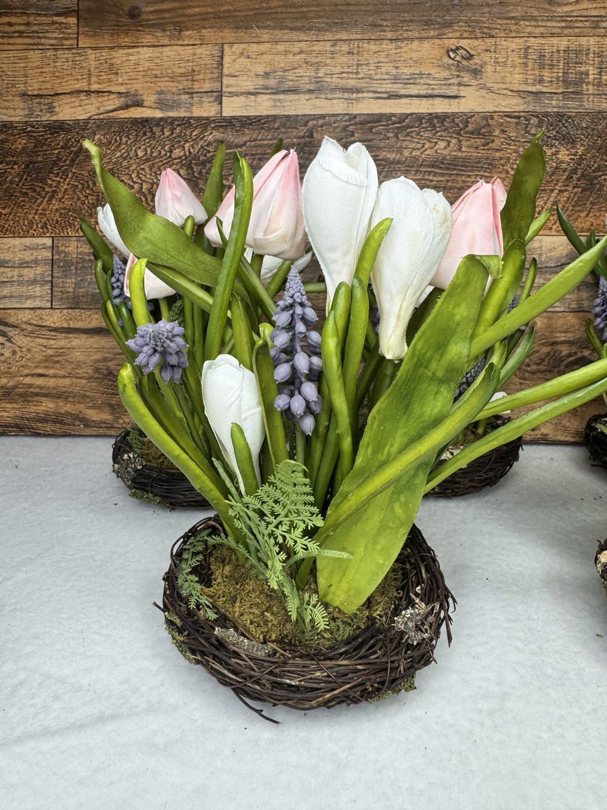 Set Of 2 Pottery Barn Small Faux Floral Birdnest Arrangement 8” X 6” Tulips