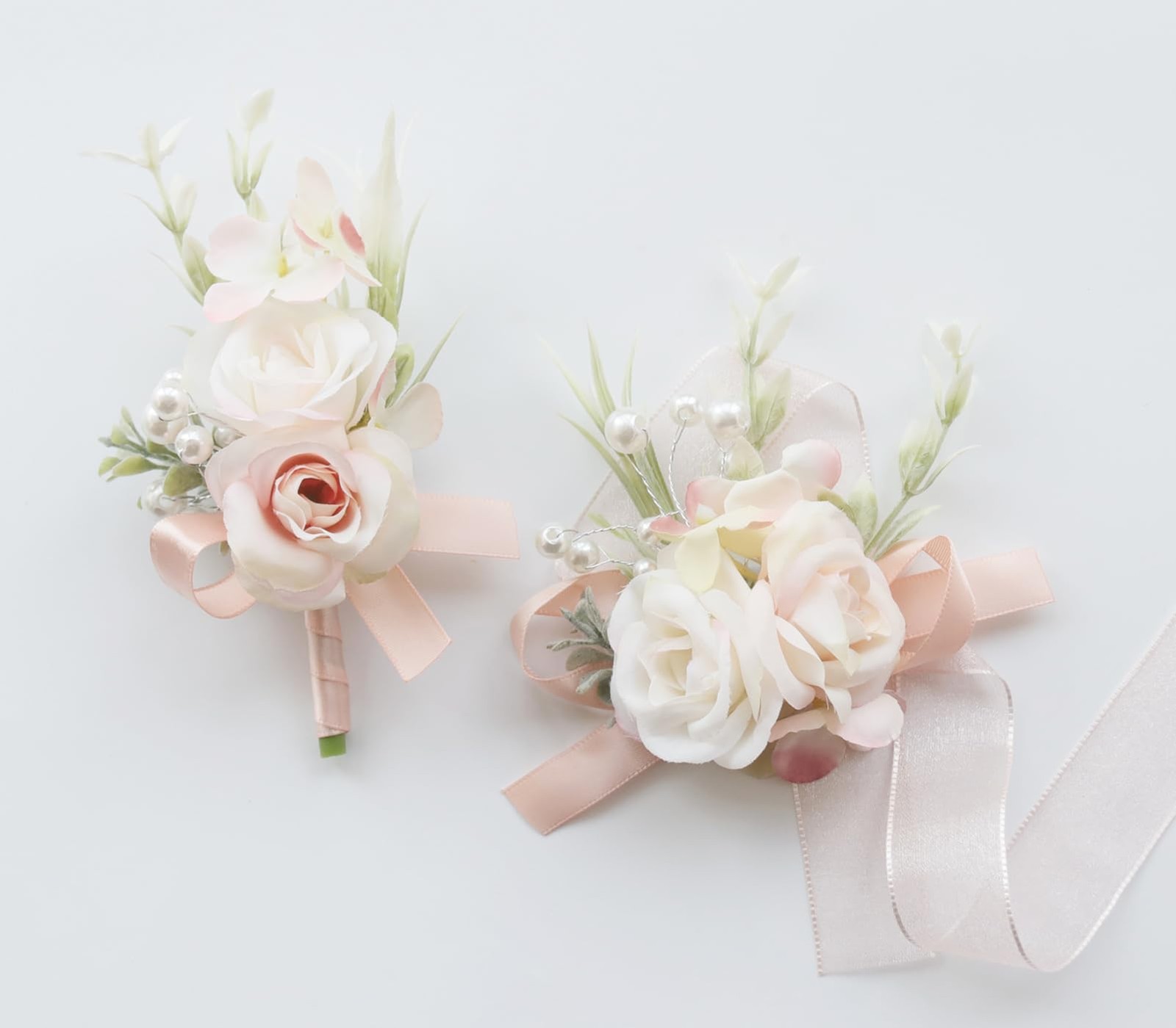 2 PCS Pale Pink Men Boutonniere Corsage Set Groom Groomsmen Wedding Prom Suit