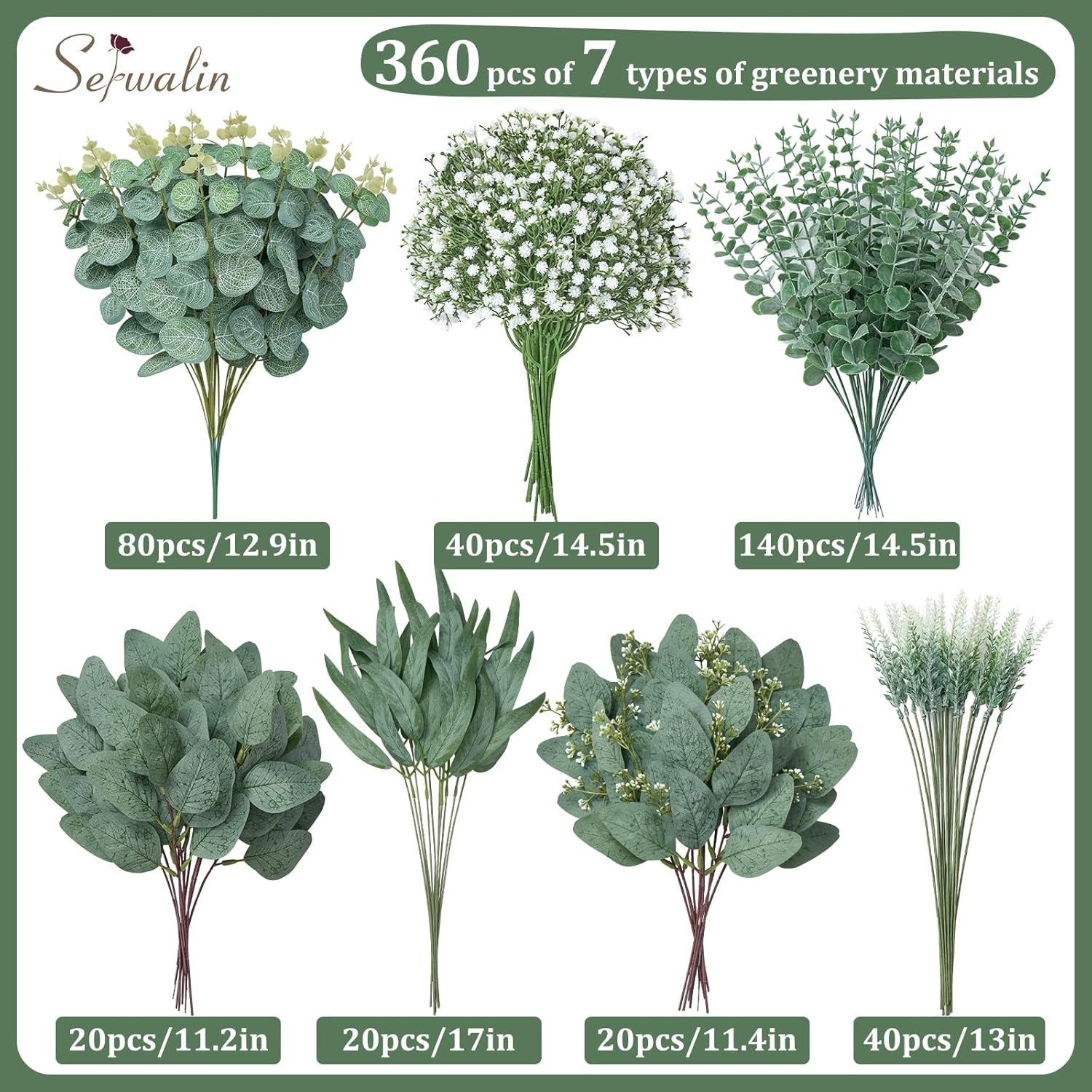 360 Pcs Mixed Artificial Eucalyptus & Baby Breath for DIY Floral Decor