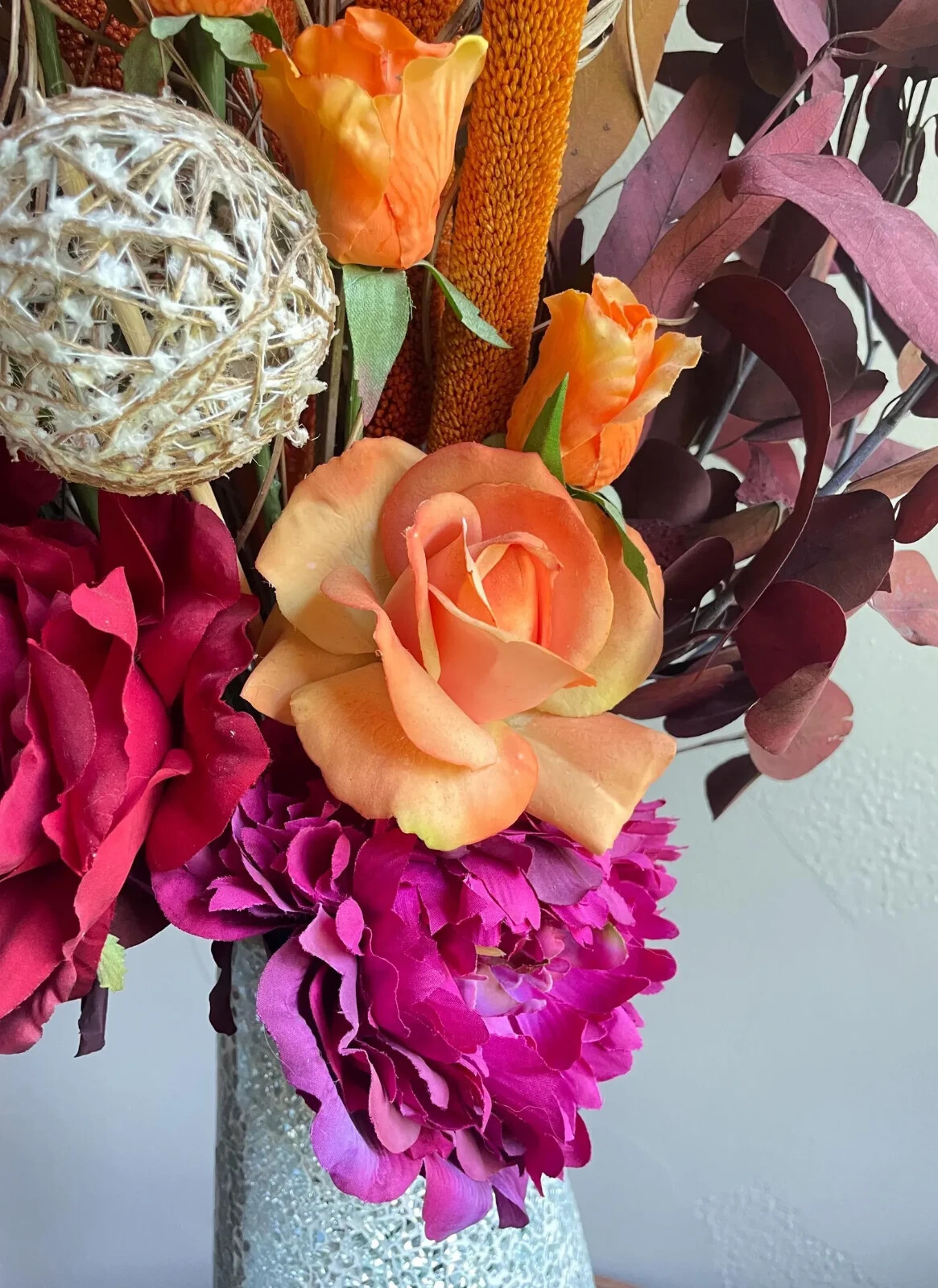 Flower Arrangement- Burgundy Orange Mauve Roses Tulips Hydrangea Centerpiece