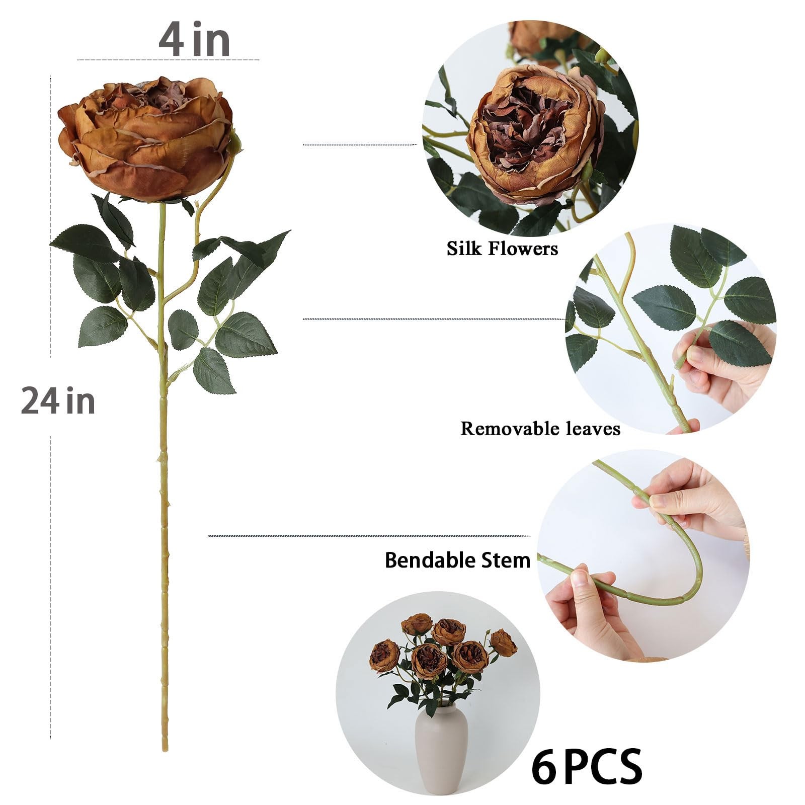 mizii 6Pcs Burnt Orange Artificial Roses Flowers Fake Silk Roses Flower with …