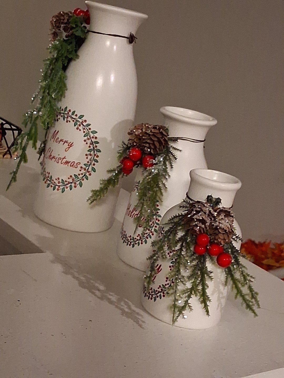Christmas Vase 3-Piece Set Trimmed with Multi Holiday Trim White