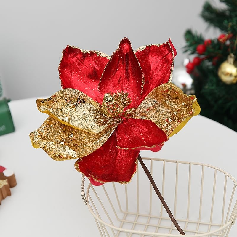 8 Pcs Christmas Tree Magnolia Flowers Ornament Glitter Red Gold 8.26 Inch