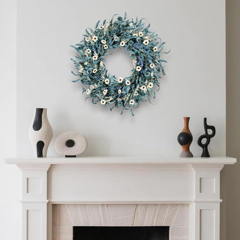 24In Rustic Blue White Flower Wreath Front Door Decor Seasonal Home Accent New