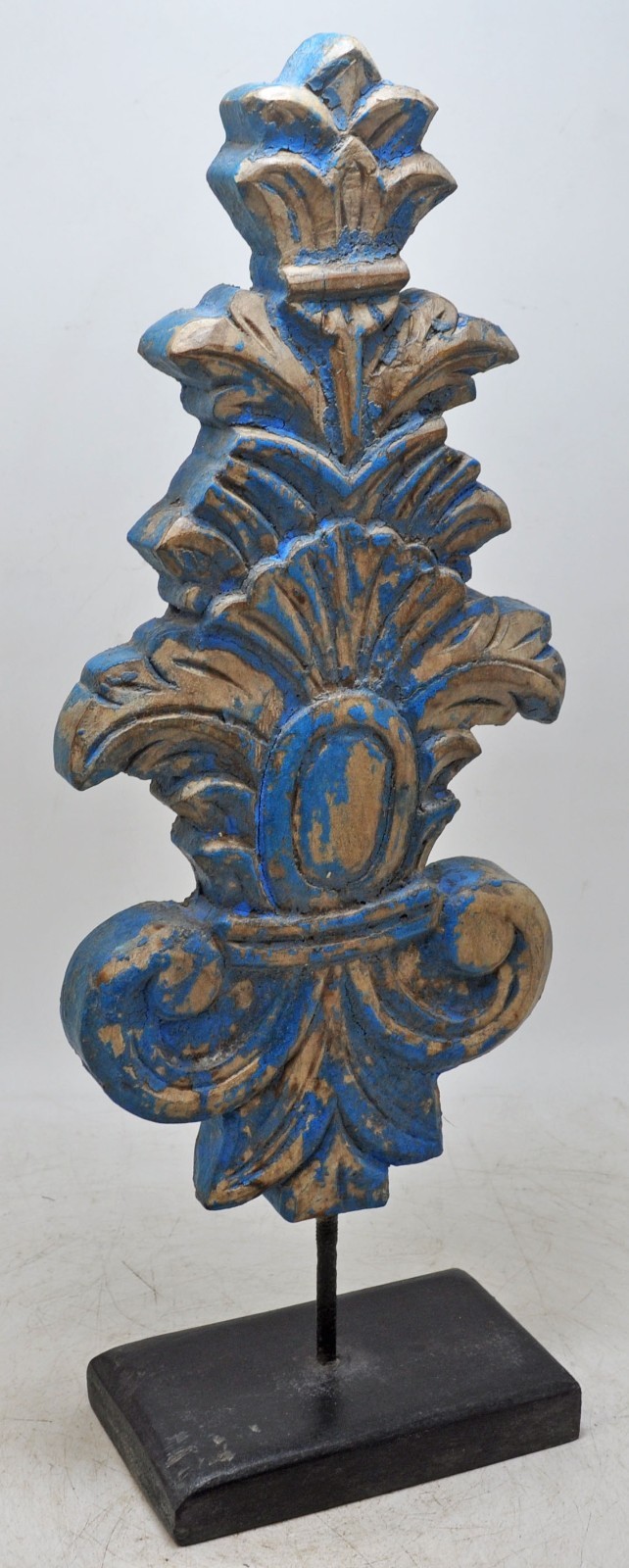Hand Carved Wooden Flower Carving Panel Plaque on Stand Rustic Blue Painted