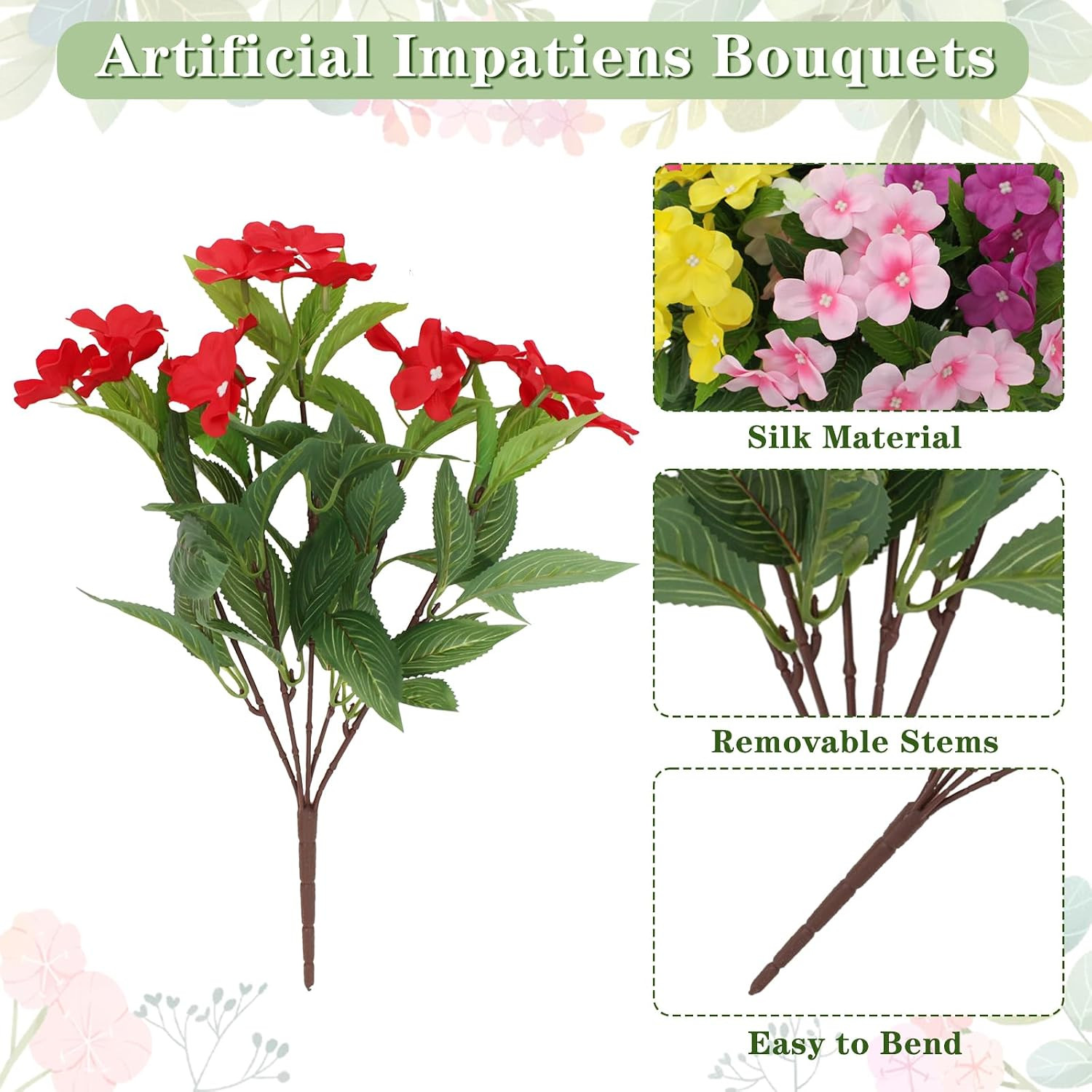 12 Bundles UV Resistant Silk Impatiens Flowers for Outdoor Garden Decor