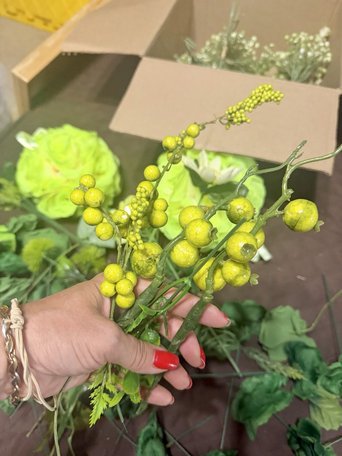 Large Lot / Box of Miscellaneous Artificial Silk Flowers – Bright Green Shades