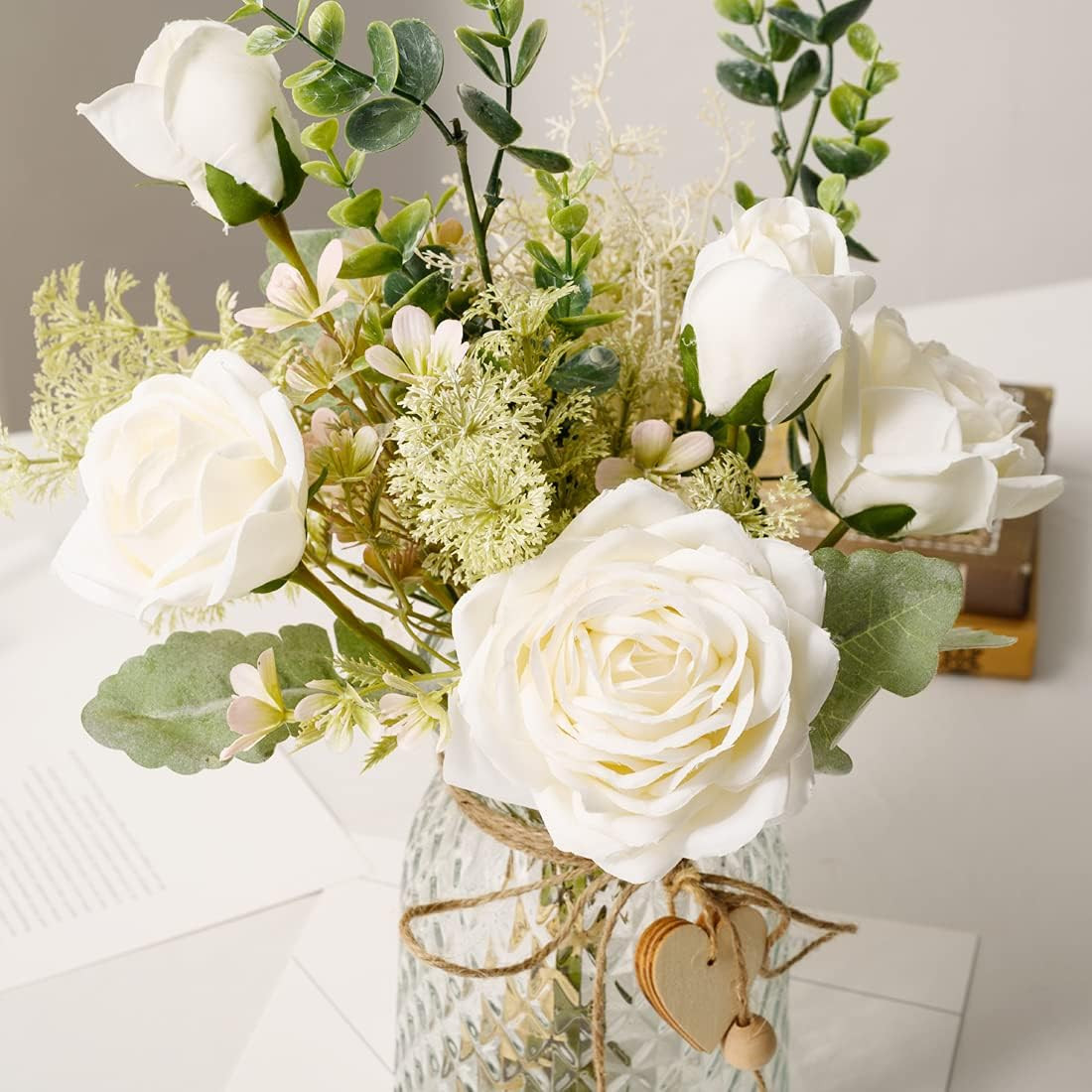 Elegant White Silk Roses in Vase – Perfect Faux Flower Centerpiece for Home Deco