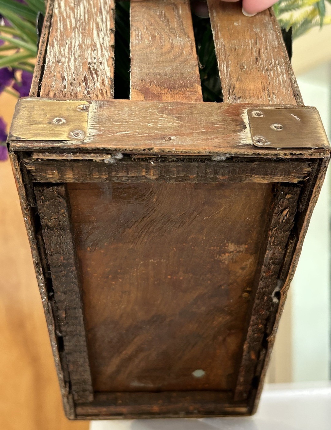 Beautiful Purple & White Floral Arrangement In A Crate With Handle Metal Leaves