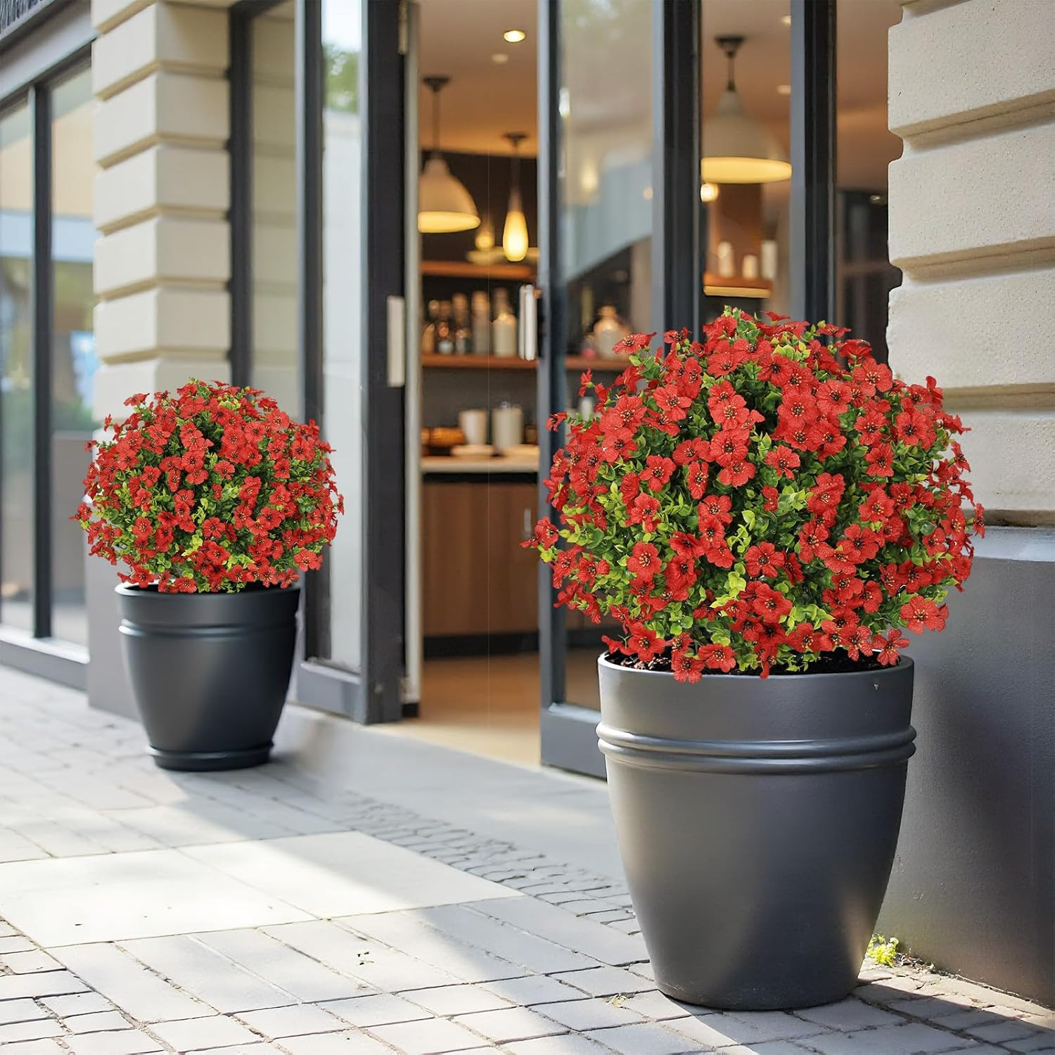 Set of 2 UV Resistant 24″ Faux Red Daisy Mums in Pots for Outdoor Decor