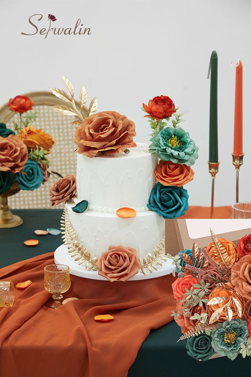 Spring Artificial Flowers Burnt Orange Teal Silk Cake Decor Floral Centerpiece