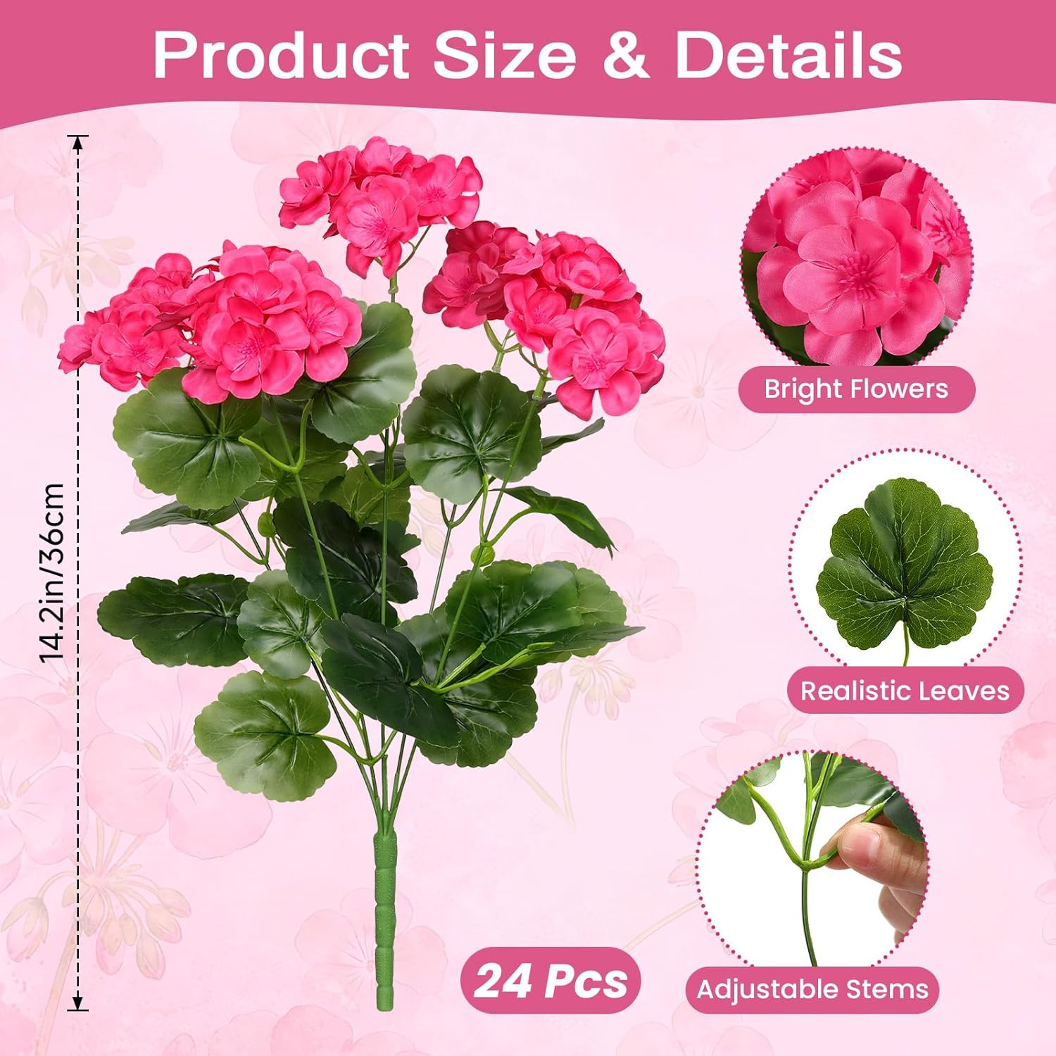 24Pcs Artificial Geranium Flowers for Outdoors Decoration Silk Floral, UV Resist