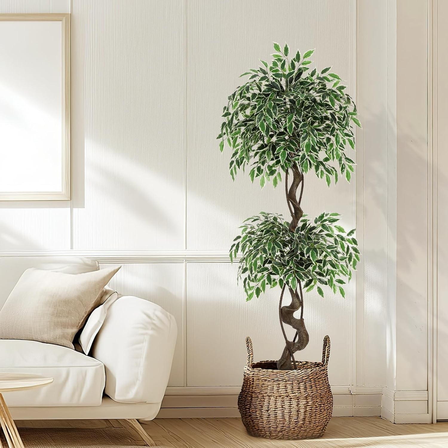 GRAVEE 5ft Artificial Ficus Tree Tall Fake Indoor Plant White Planter Pebbles
