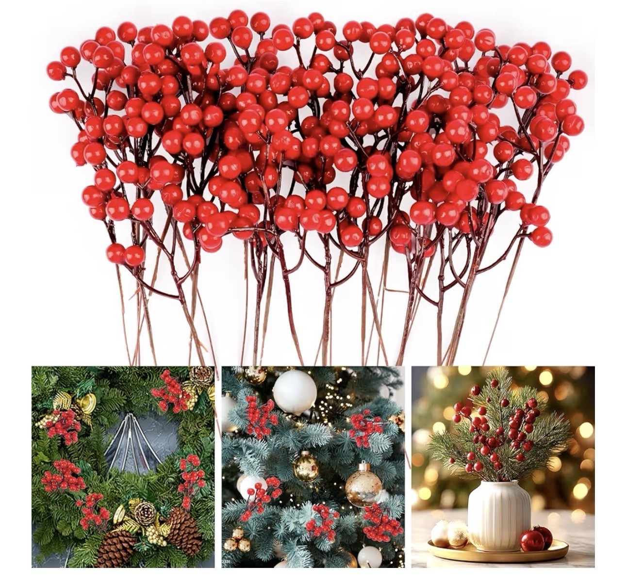 24 Pack 7.6 Inch Red Berry Stems, Holly Berry Stems, Artificial Red Berry Picks
