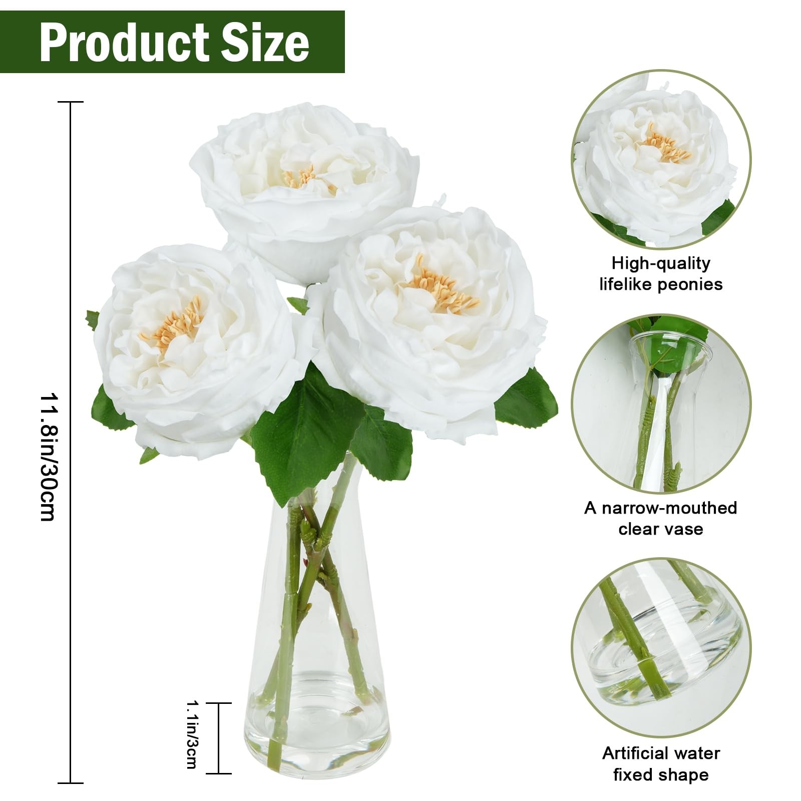 Faux White Peonies Artificial Flowers Vase Fake Water Silk Table Centerpiece