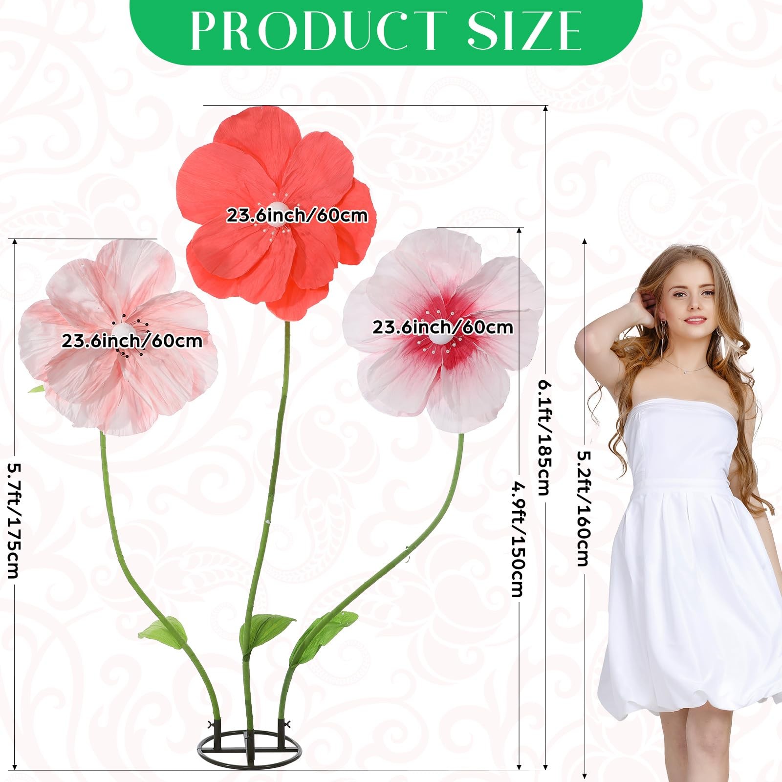 6.1ft Giant Artificial Flowers for Decoration with Stand, Large Big Paper Flo…