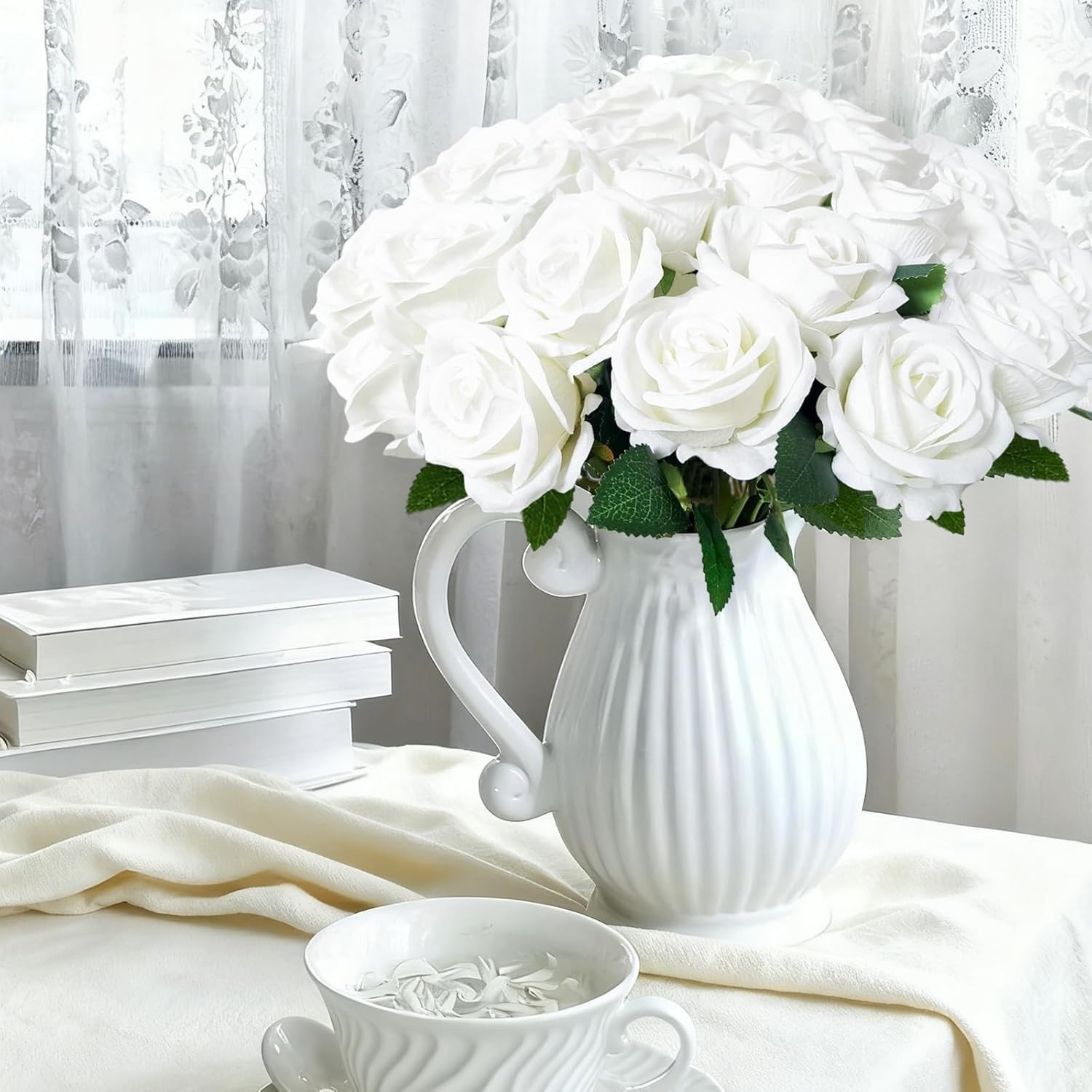 100 Pcs White Fake Roses – Velvet Silk Artificial Flowers for Wedding Decor, Hom