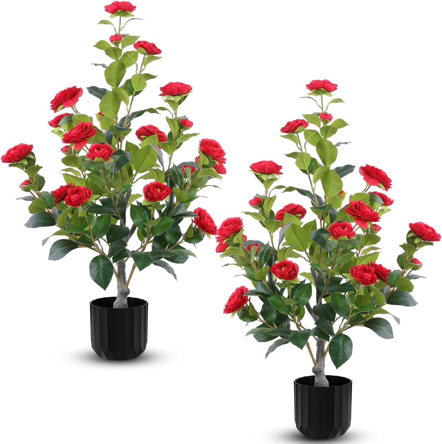 Faux Camellia Trees – 2 Pcs Red Indoor/Outdoor Decor in Pots