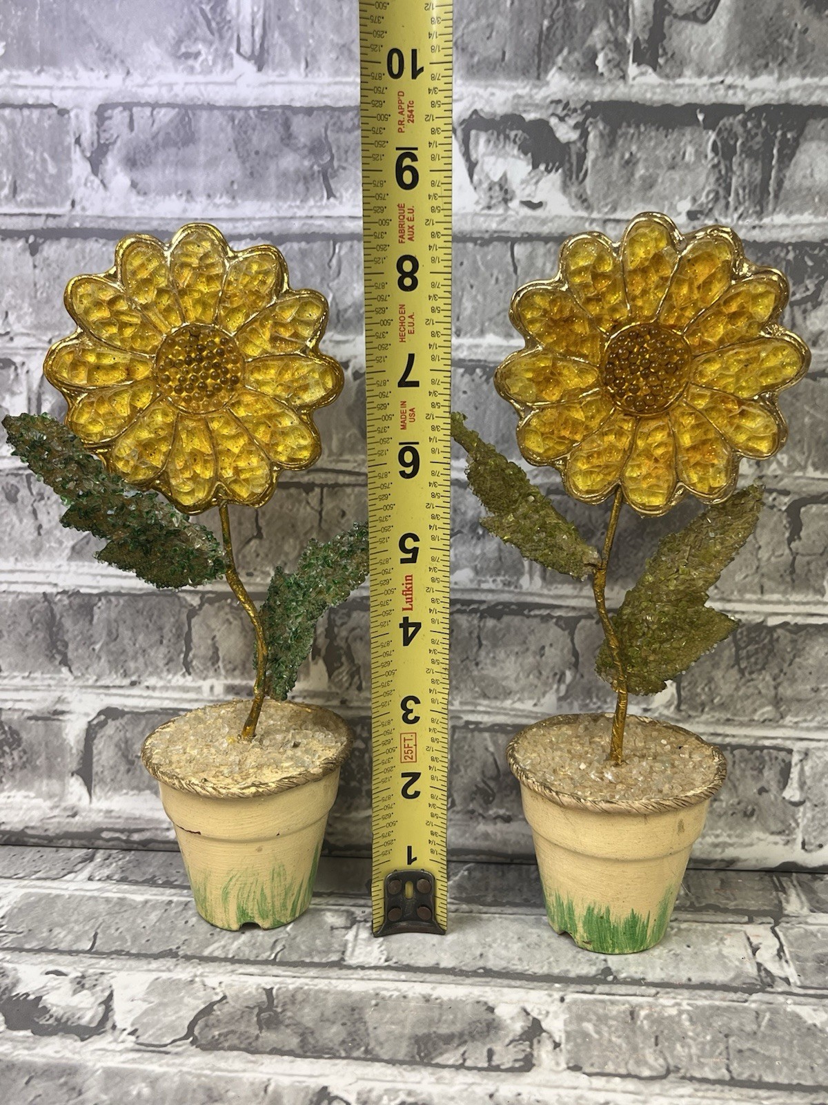 Lot Of 2 Potted Sunflowers Glitter Fused Crushed/Broken Glass