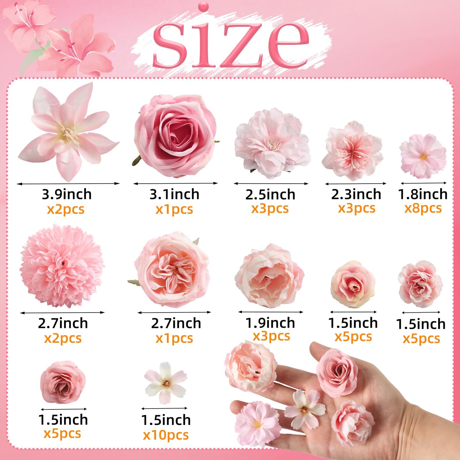 48 Pack Artificial Flower Heads Pink Silk Roses Peonies Daisy Bulk Craft Decor