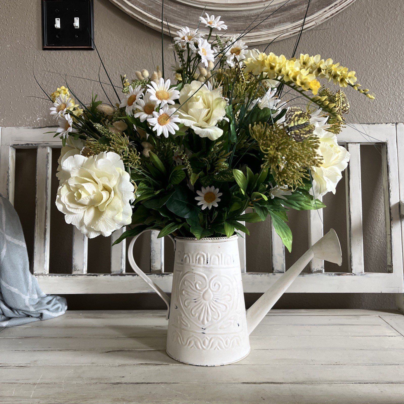 Vintage Artificial Flower Bouquet And Watering Can Large 24” Tall Cottagecore