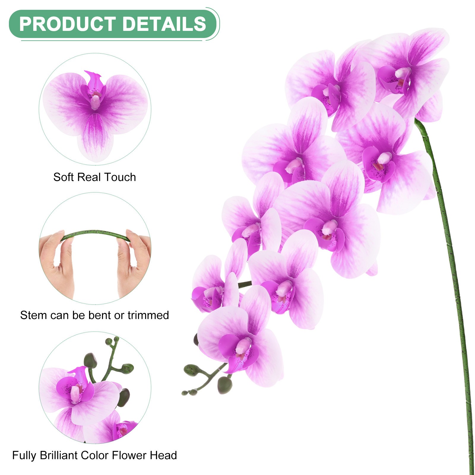 6-Pack Artificial Orchid Flowers 9 Large Petals for Home[Dark Purple White]