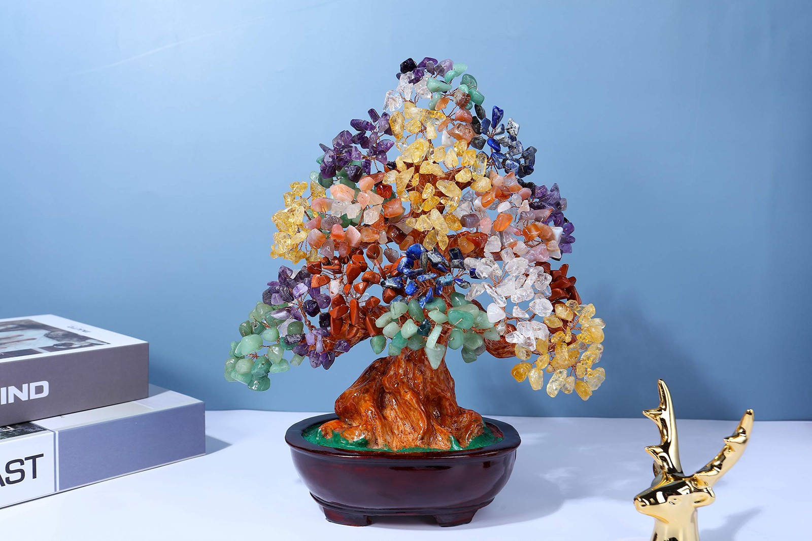 7 Chakra Healing Crystal Tree 10 Inch Stone Bonsai Tree Feng Shui Good Luck W…