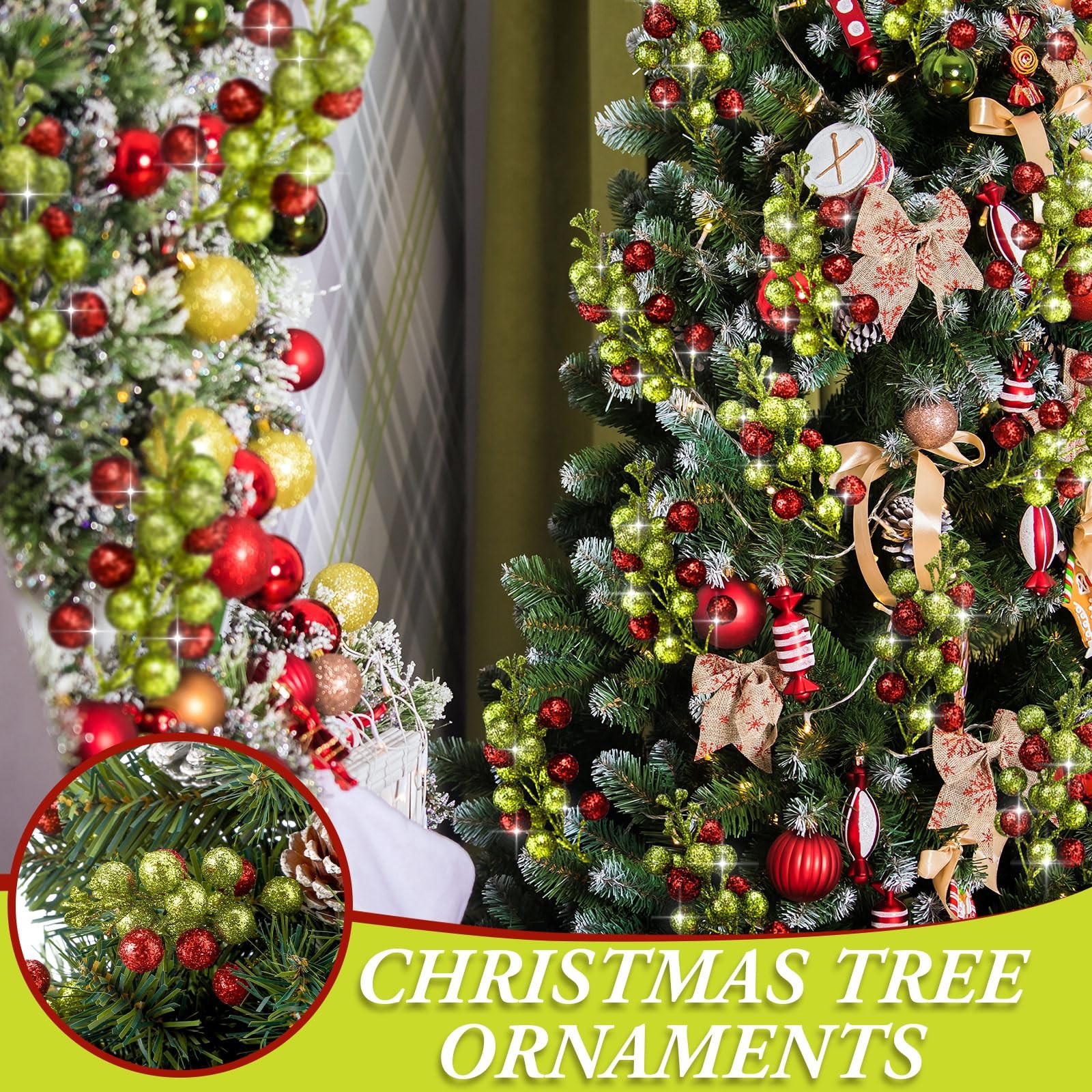 48 Pcs Christmas Glitter Berry Stem 8 Inch Red Green Artificial Holly Berry P…