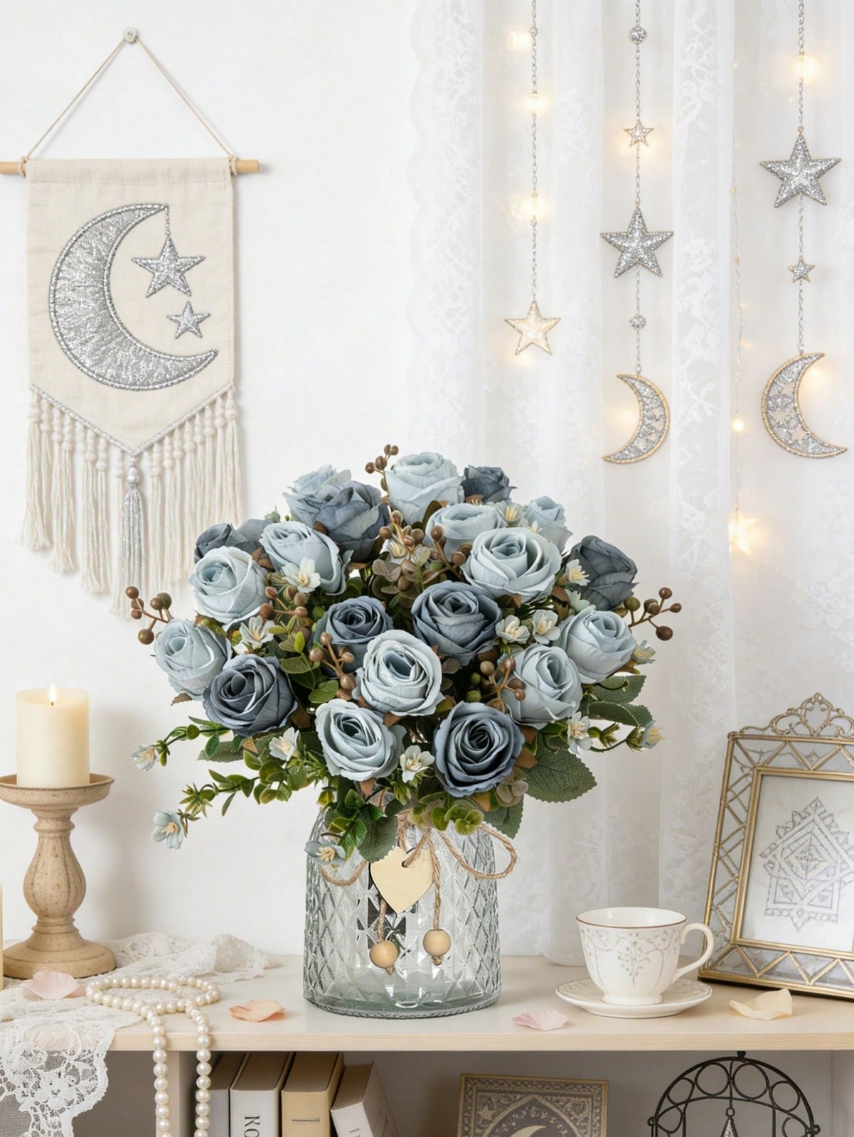Baby Blue Artificial Silk Rose Bouquet One Size For Home Wedding Decor