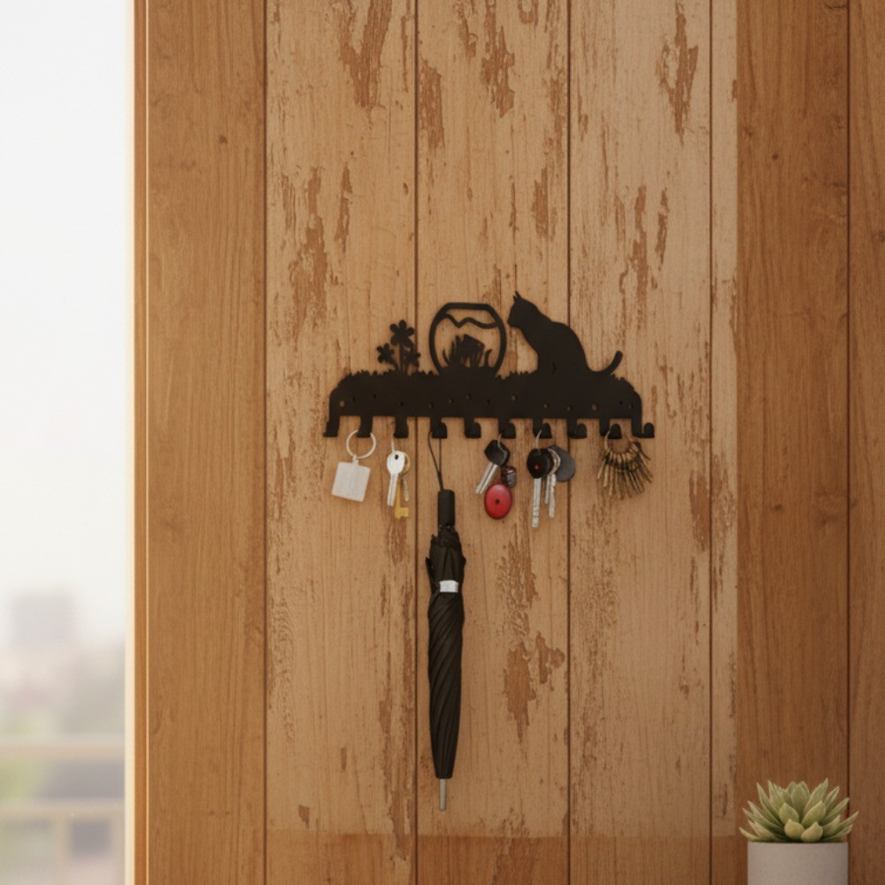Adorable Black Cat Metal Key Holder Iron Art Entryway Organizer Home Decor