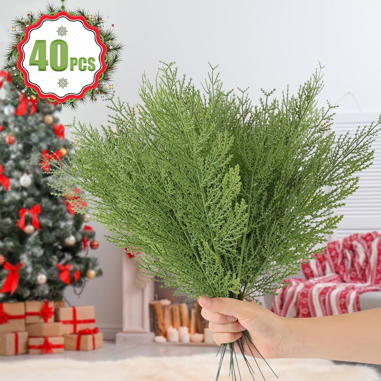 40Pcs Artificial Pine Branches Faux Cedar Stems Christmas Greenery Picks