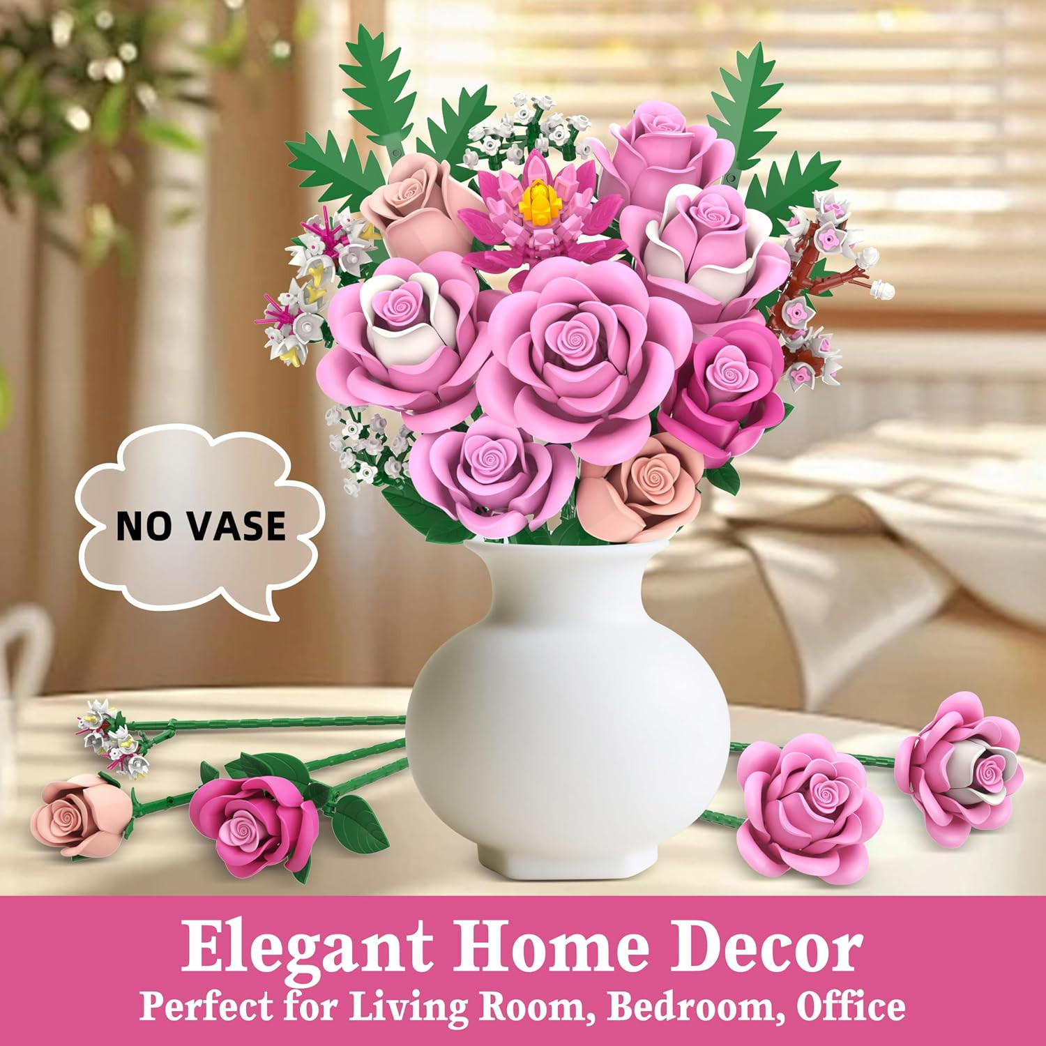 Pink Rose Bouquet Flowers Building Set, 834Pcs Roses Artificial Flowers Botanica