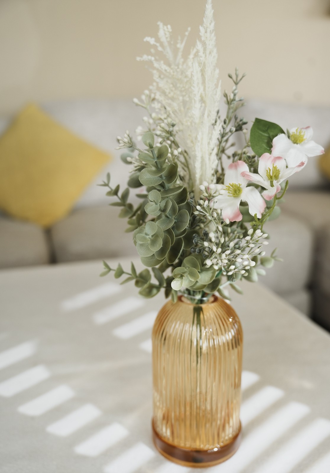 White Faux Floral Arrangement in Glass Vase 14.5 in H x 7.8 in W x 7.8 in D