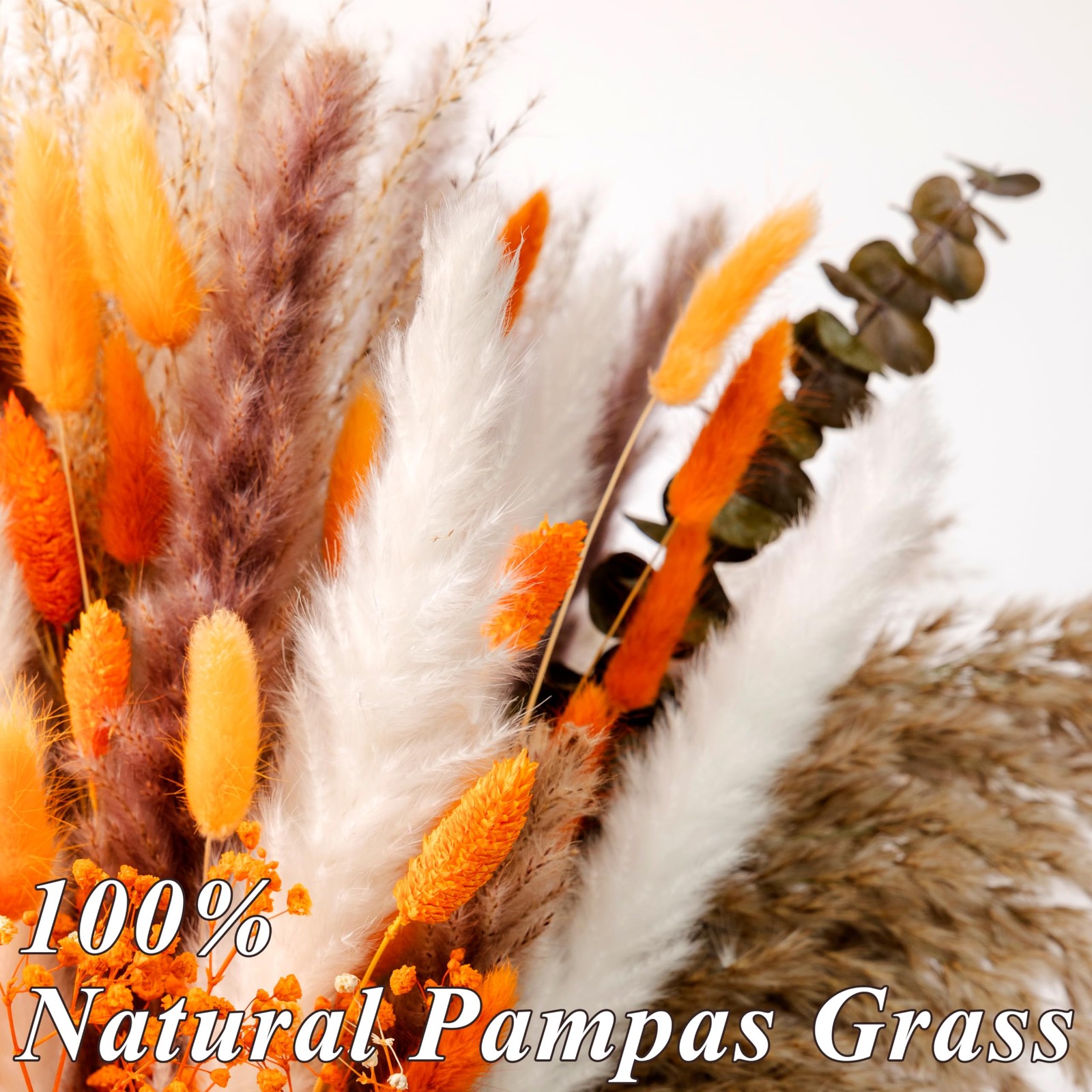 120Pcs Orange Dried Pampas Grass Bouquet, 17” Natural Baby’s Breath, Bunny T…
