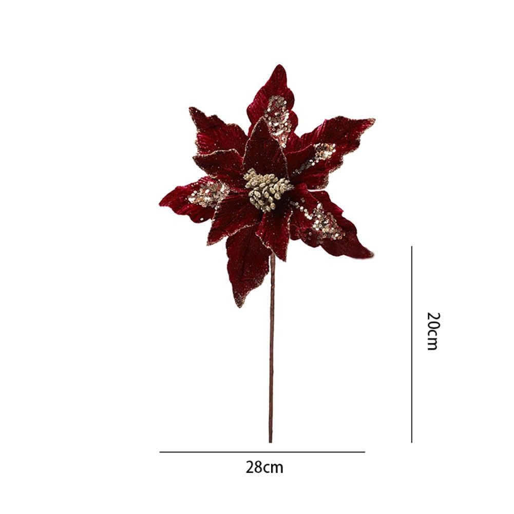 6 PCS Christmas Poinsettia Artificial Flowers Shining Glitter Burgundy