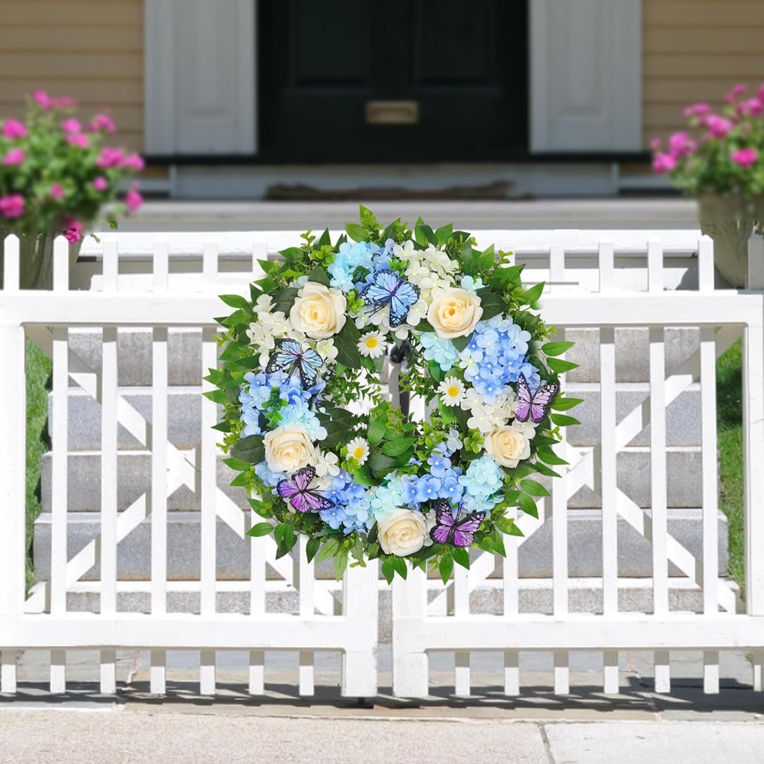 Elegant Lighted Hydrangea & Butterfly Wreath for All Seasons